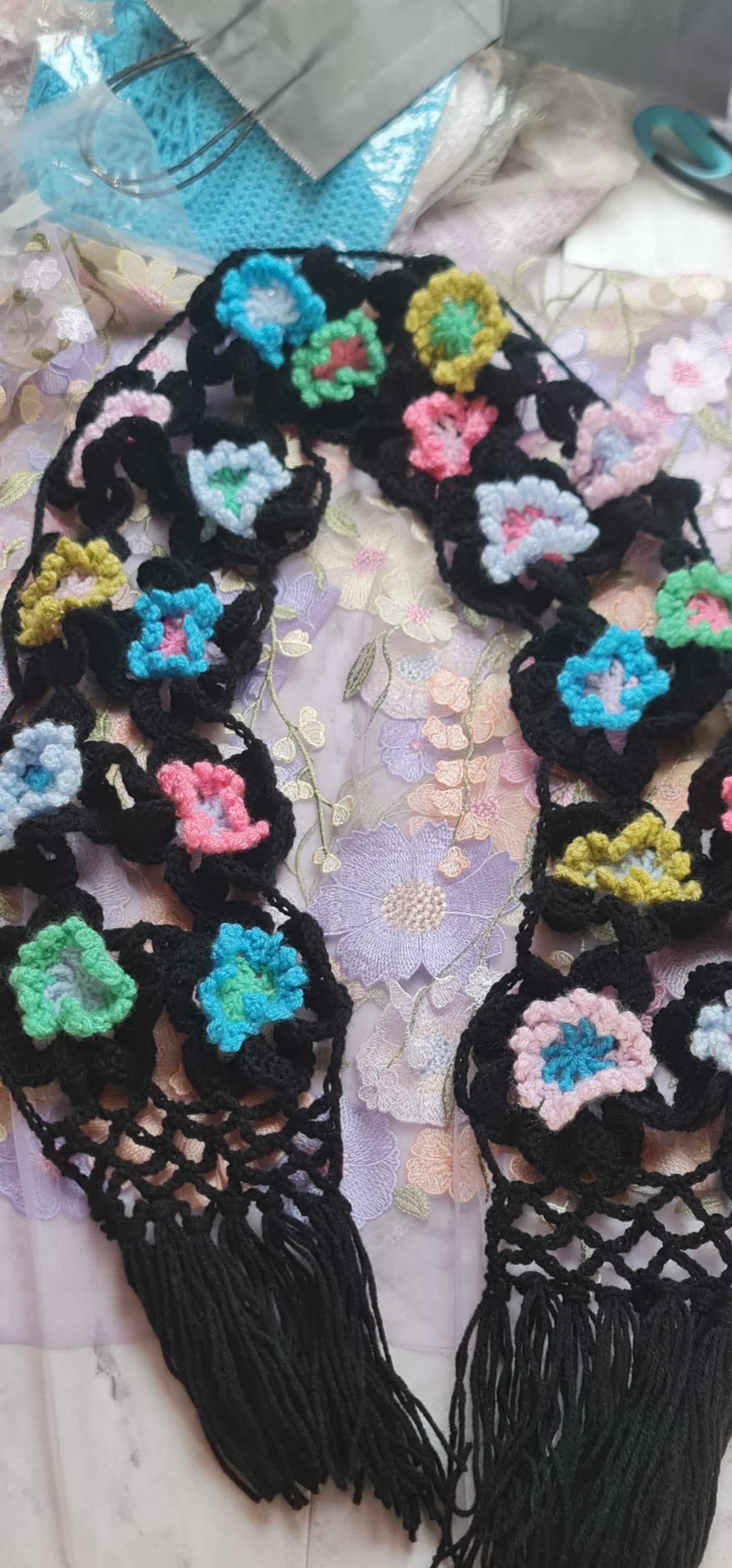 Boho Flower Granny Square Scarf