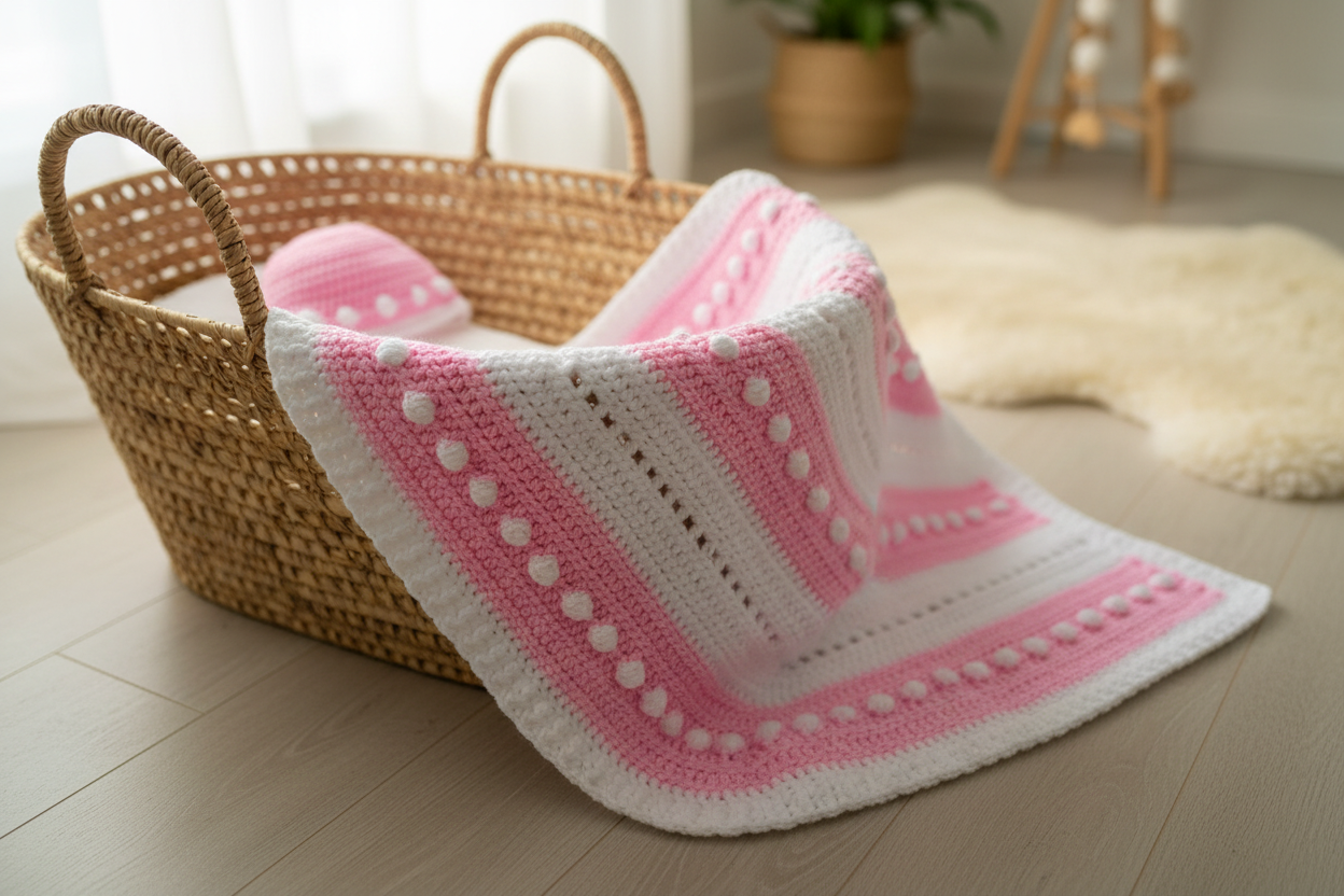 Super Soft Pink and White Bobble Baby Blanket