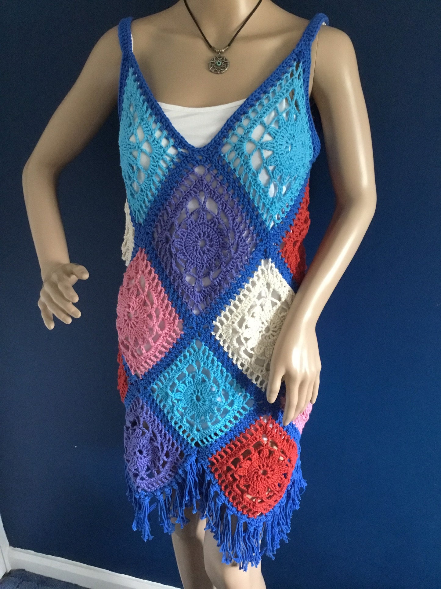 Unique Patchwork Boho Crochet Granny Square Dress
