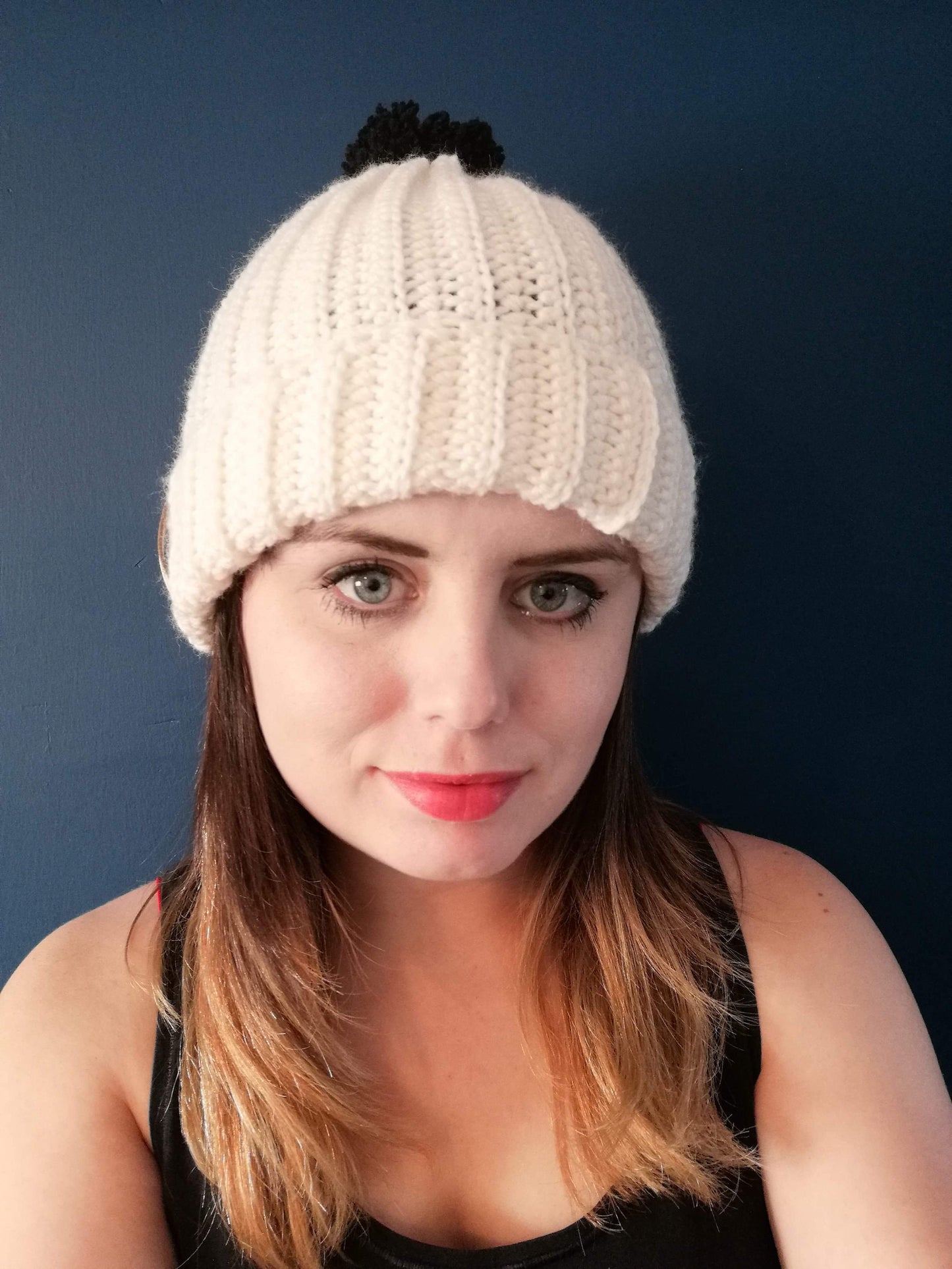 Cream Hat Black Pom Pom