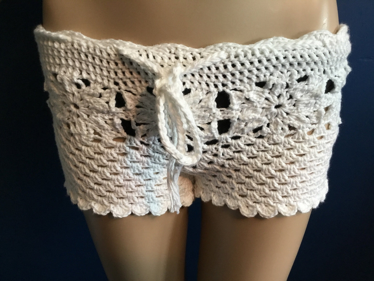Beach Cover Up Shorts Handmade Lacey Crochet in Environmentally Friendly Cotton Size S.