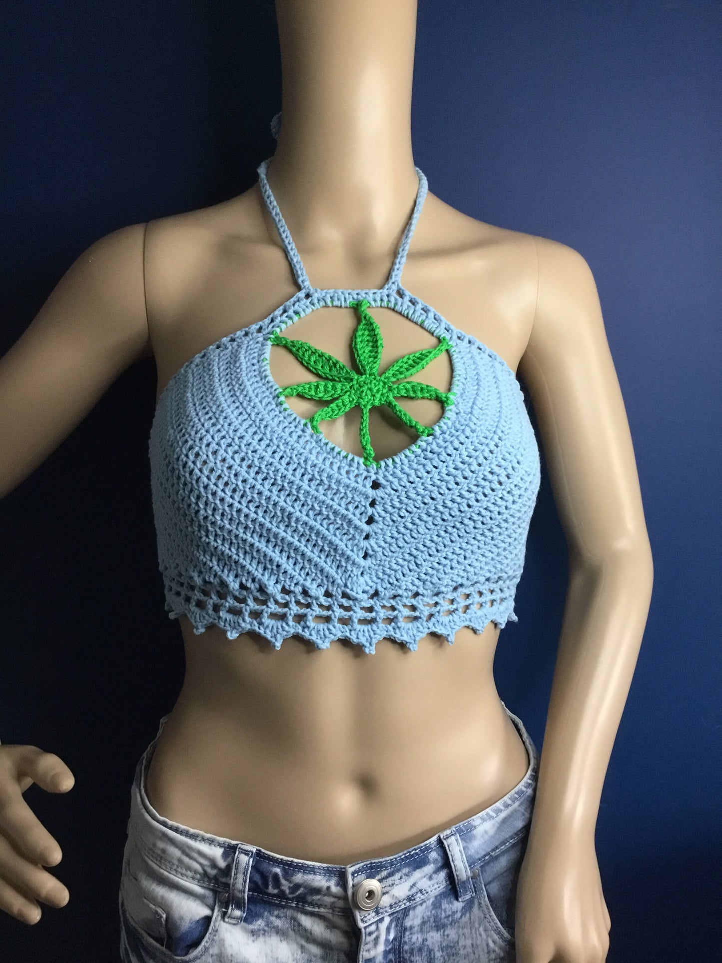 Cannabis Leaf Adjustable Tie Halterneck Crop Top