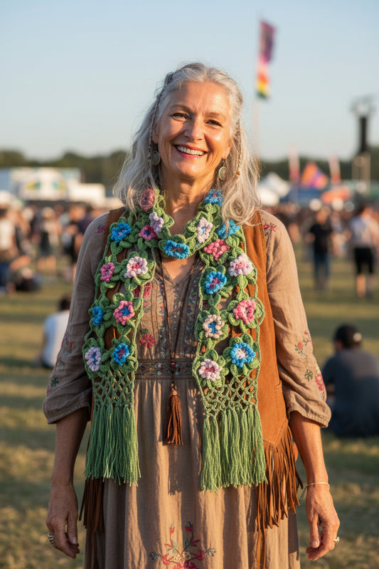 Boho Flower Granny Square Scarf
