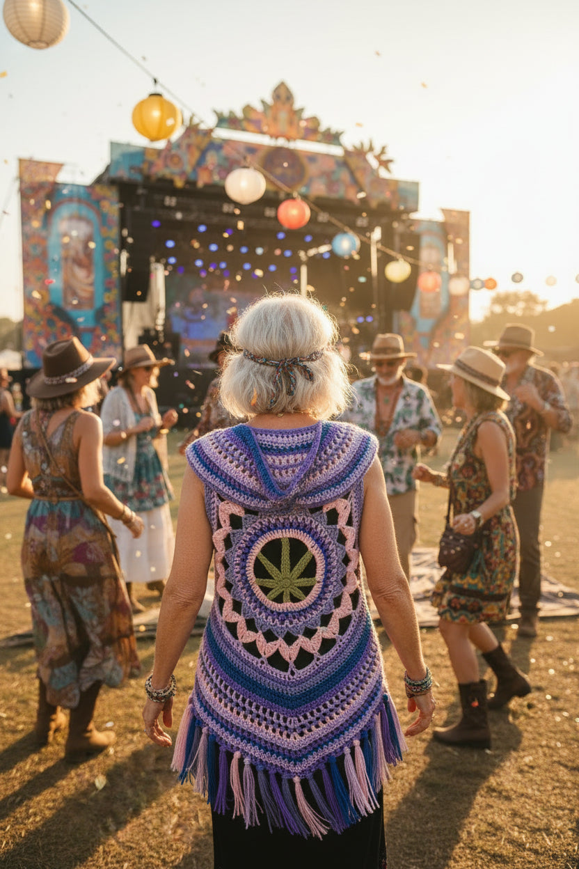 Crochet Festival Boho Vest – Mandala Leaf Pattern, Vintage Style