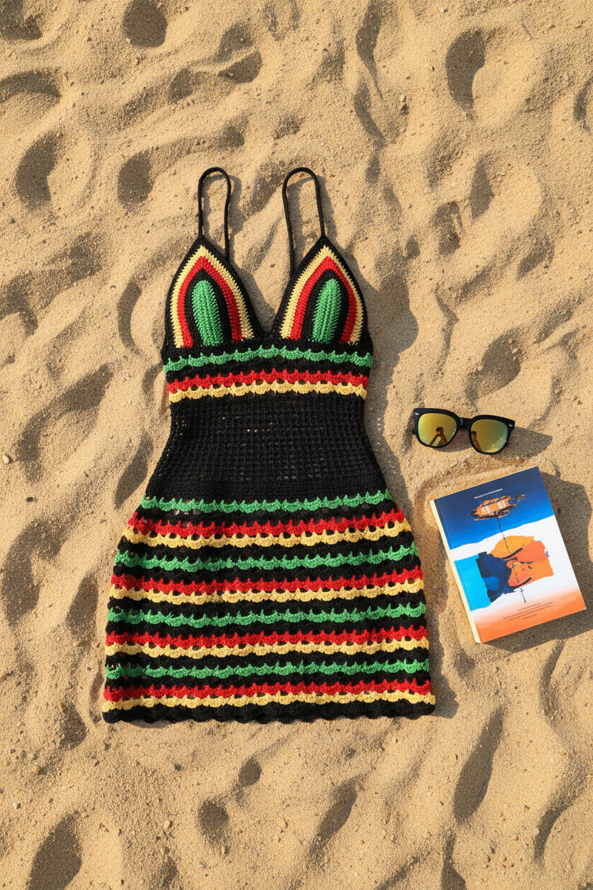 crochet rasta dress Rasta Colours Crochet Festival Dress – Handmade Fitted Summer Dress – All Hooked Up