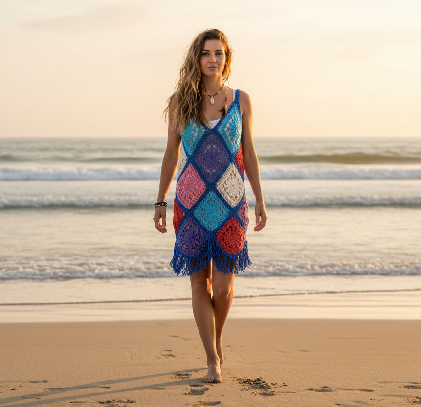 Unique Patchwork Boho Crochet Granny Square Dress – All Hooked Up Unique Patchwork Boho Crochet Granny Square Dress – All Hooked Up