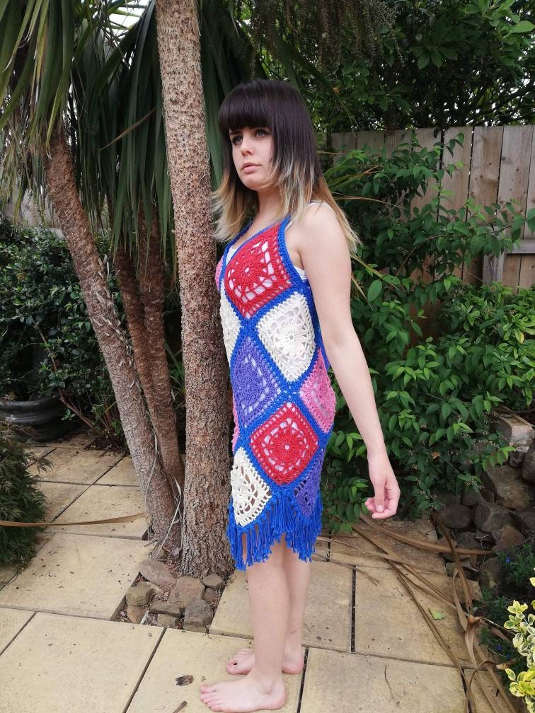 Unique Patchwork Boho Crochet Granny Square Dress – All Hooked Up Unique Patchwork Boho Crochet Granny Square Dress – All Hooked Up