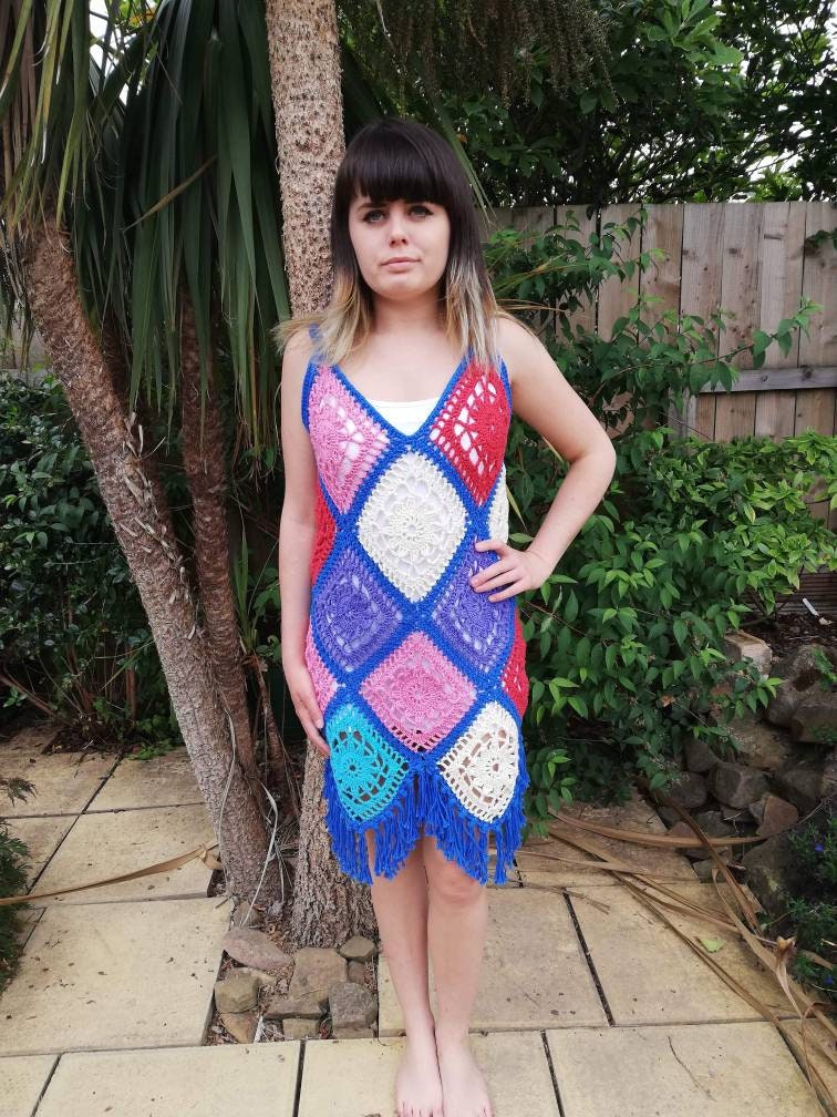 Unique Patchwork Boho Crochet Granny Square Dress – All Hooked Up Unique Patchwork Boho Crochet Granny Square Dress – All Hooked Up