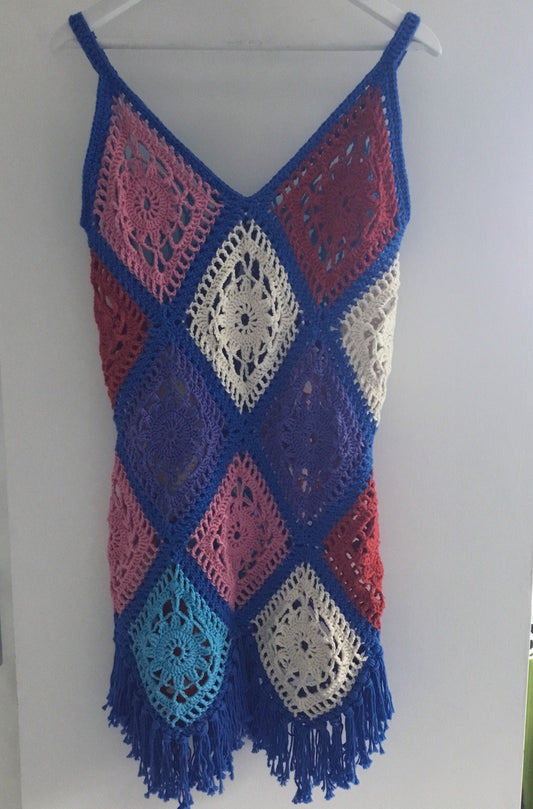 Unique Patchwork Boho Crochet Granny Square Dress