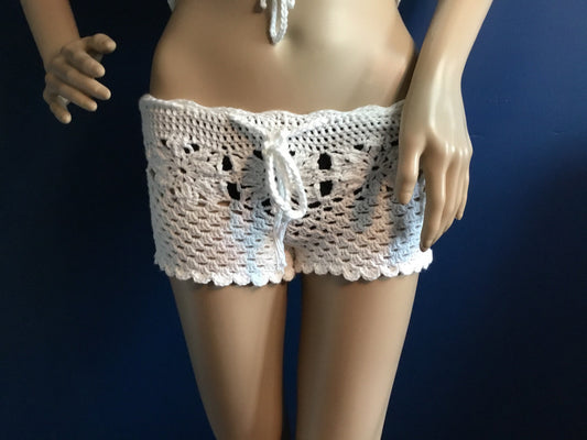 Beach Cover Up Shorts Handmade Lacey Crochet in Environmentally Friendly Cotton Size S.