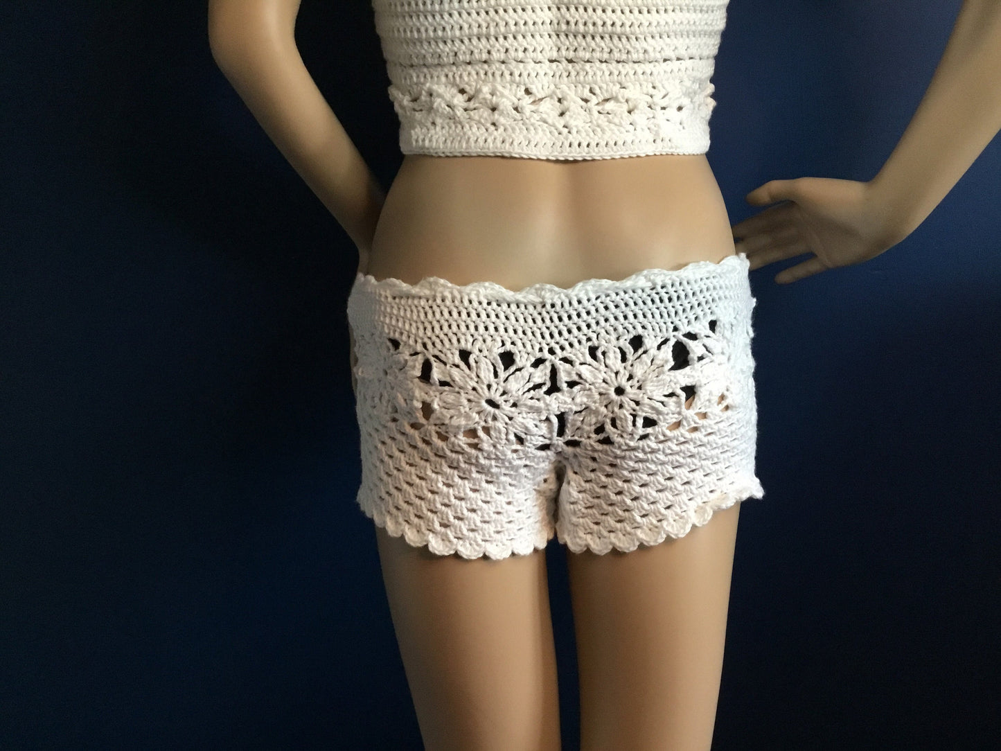 Beach Cover Up Shorts Handmade Lacey Crochet in Environmentally Friendly Cotton Size S.
