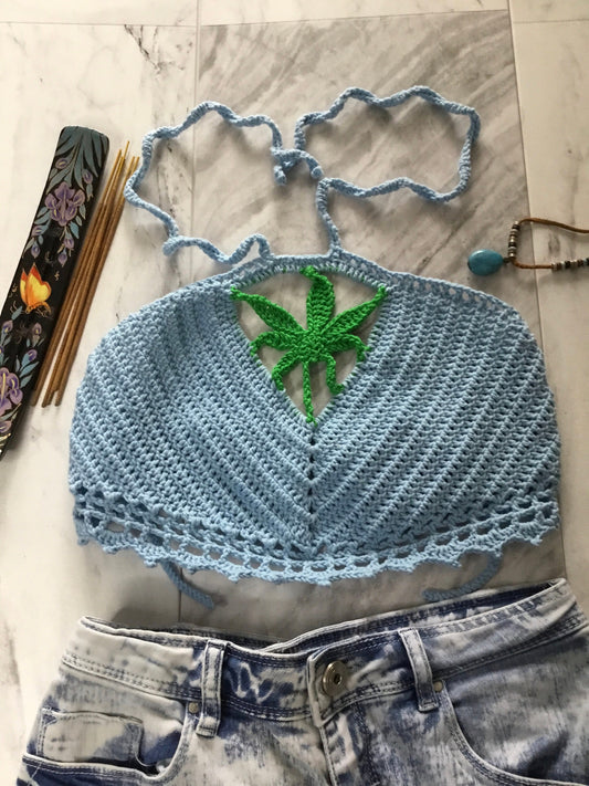 Cannabis Leaf Adjustable Tie Halterneck Crop Top